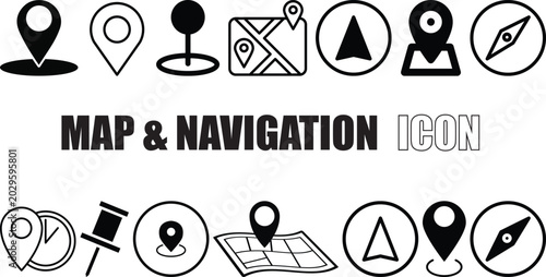 Map & Navigation Vector Icons Set – GPS Pin, Location Marker, Route, Direction Symbols