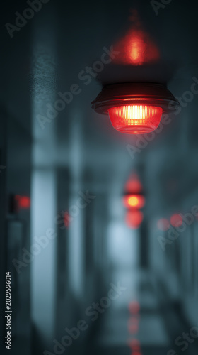 Red emergency light corridor alarm warning security blur dark ceiling hallway safety signal alert danger glow illuminated interior building
