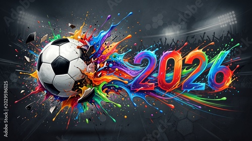 Vibrant soccer ball explosion with 2026 text