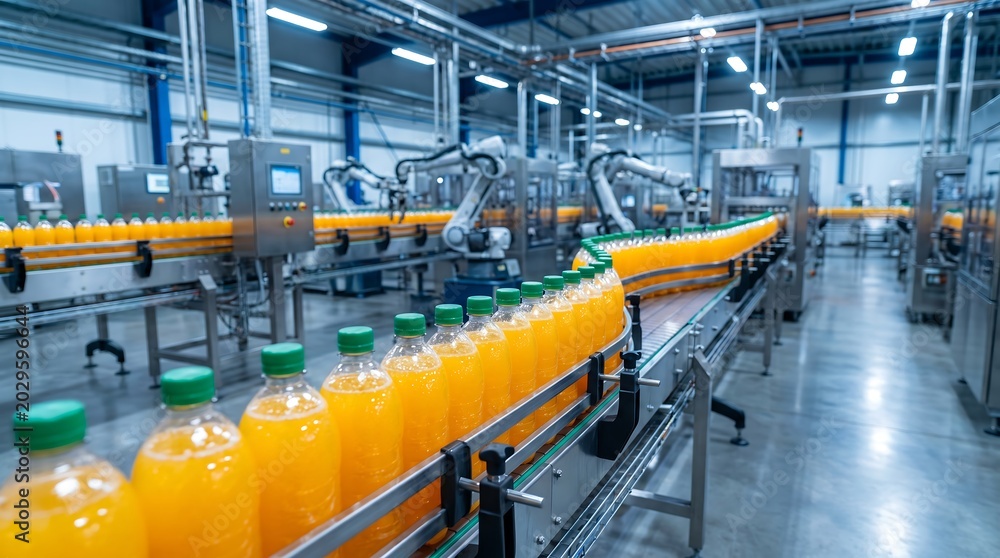 Fototapeta premium Orange juice bottles on industrial conveyor belt in factory production line with machinery and equipment