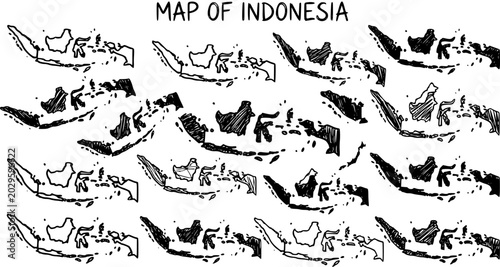 Bild auf Leinwand Hand-drawn map of Indonesia, Black and White line art vector illustration, trave