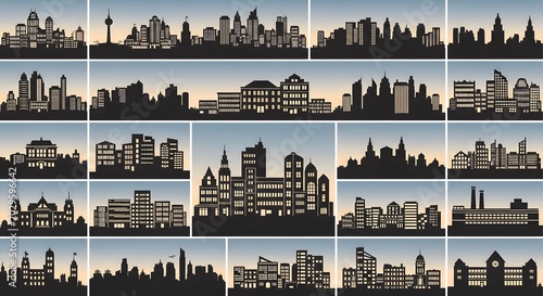 Modern city skyline silhouette collection, 20 urban cityscape icons set, black skyscraper building outlines against sunset sky background