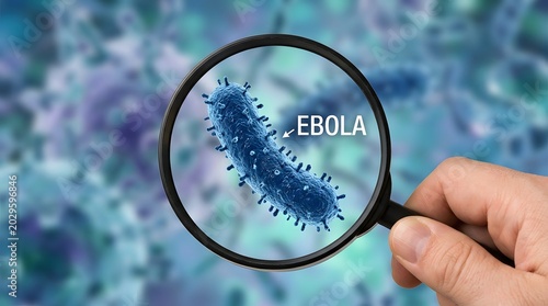 Magnifying glass showing blue ebola virus cell model on blurred microscopic background.