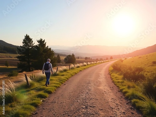 Lone walker on a path, gentle breeze, sun-drenched landscape, undisturbed tranquility,  calm setting,  nature walk