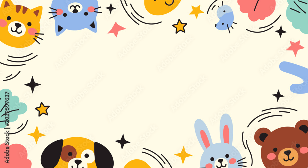 Obraz premium Cute Cartoon Animal Frame with Hand Drawn Stars and Clouds, Kawaii Pet Background Border for Kids Birthday Cards and Nursery Decorations