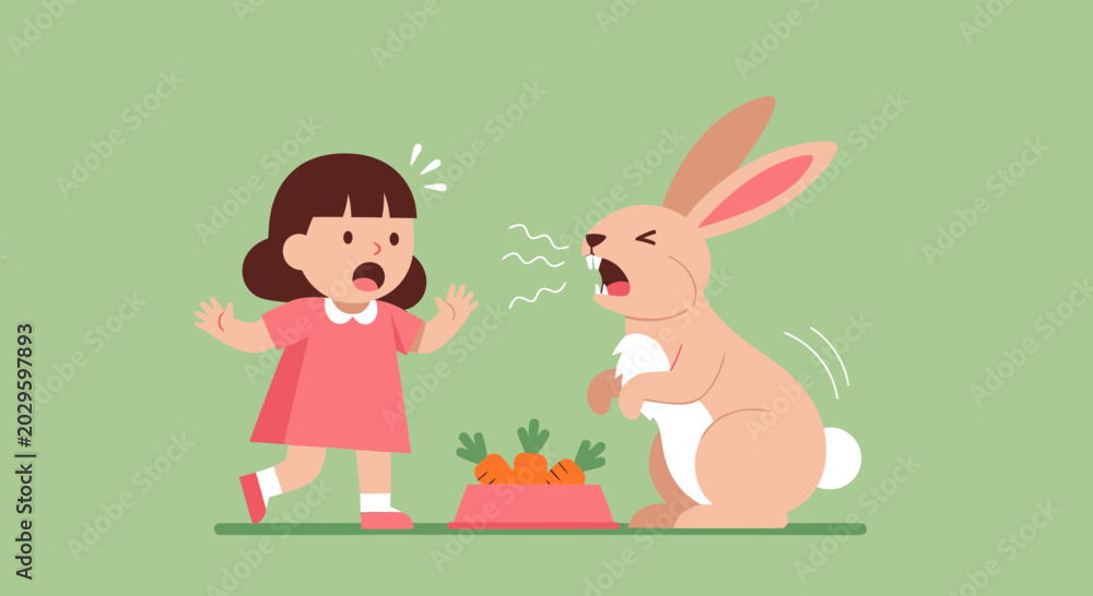 Fototapeta premium Aggressive Angry Pet Rabbit Guarding Food and Growling at a Scared Little Girl Vector Illustration
