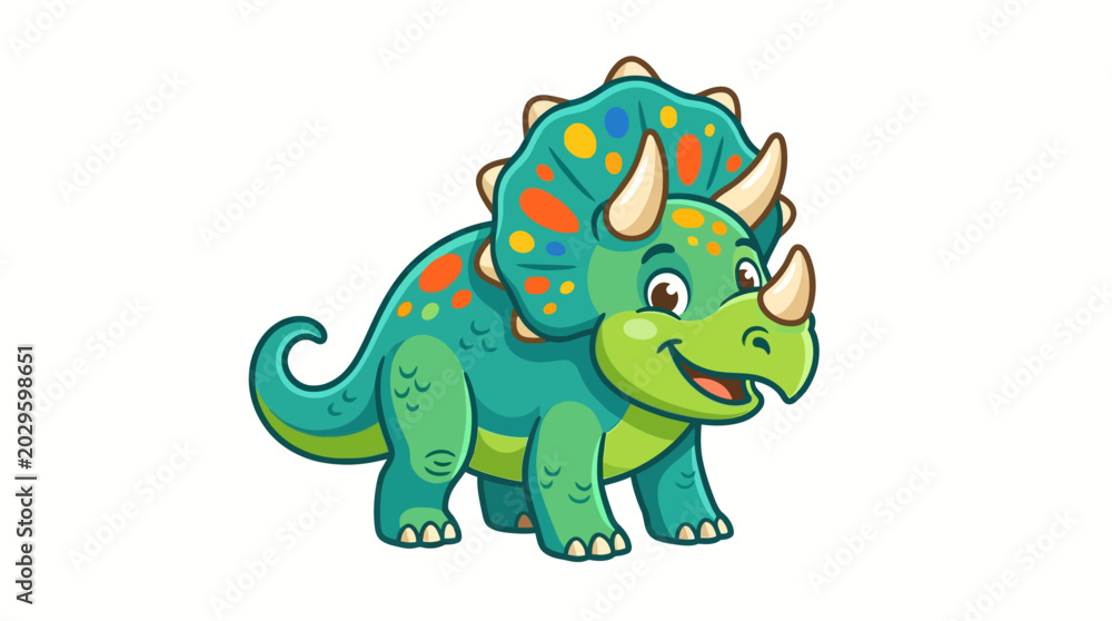 Fototapeta premium A cheerful and friendly cartoon triceratops dinosaur illustration, featuring vibrant colors and a happy expression, ideal for children's designs, educational materials, or playful brand mascots