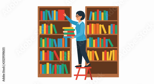 Vector illustration of a librarian organizing books on tall library shelves beside a step stool