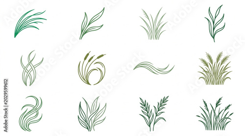 Collection of stylized wheat and grass illustrations in various artistic forms.