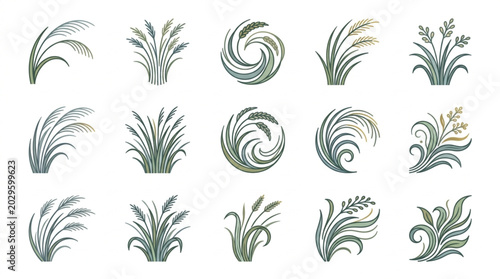Collection of stylized wheat and grass illustrations.