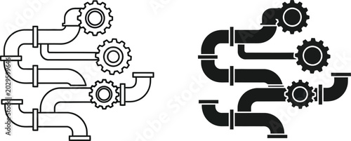 Industrial pipeline system with gears line art and solid versions