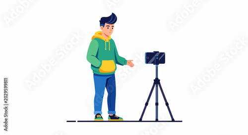 Vector illustration of a young man filming with smartphone on a tripod stand recording video