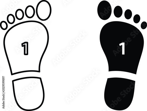Footprint number one icon set outline and solid black versions
