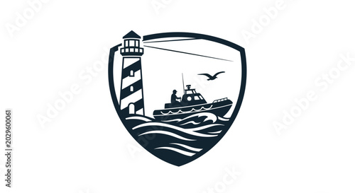 Maritime rescue emblem with lighthouse and lifeboat on shield.