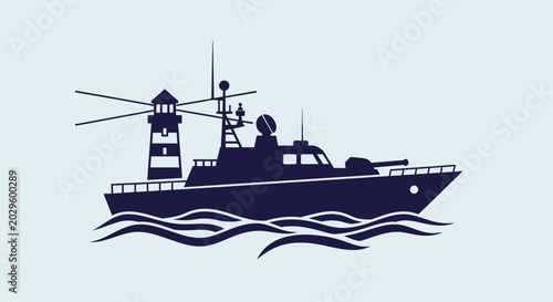 Silhouette illustration of a military patrol boat passing by a lighthouse on the sea.