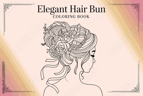 Elegant Hair Bun Coloring Book Cover Vector Illustration with Floral Bridal Hairstyle and Beauty Theme
