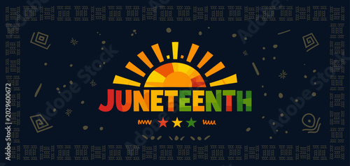 Juneteenth African Patterns horizontal banner with sun, rays and stars
