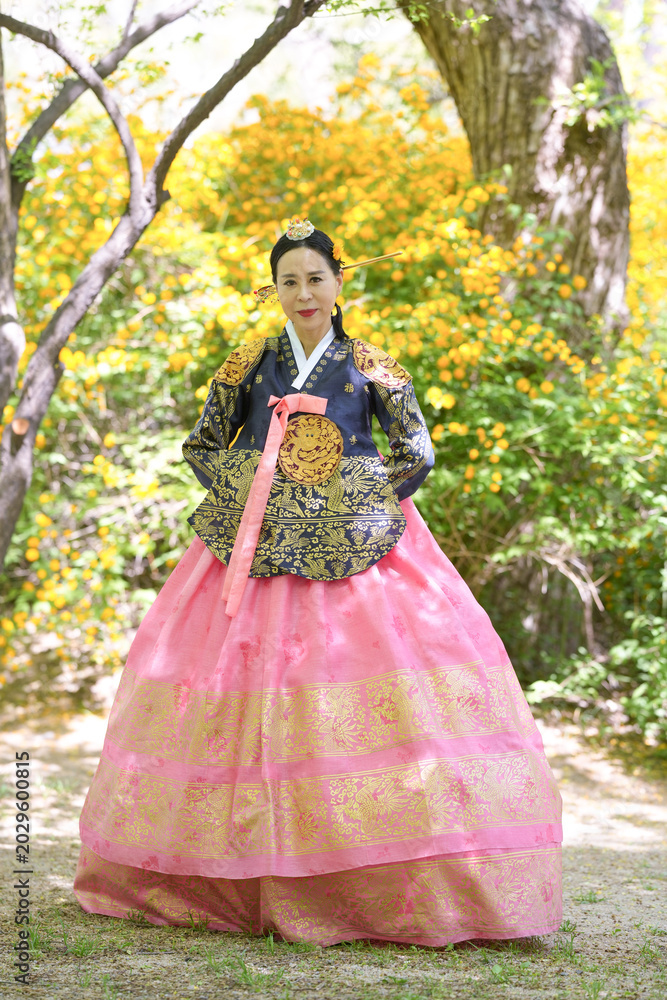 Fototapeta premium Woman in vibrant traditional Korean attire stands gracefully. Her dark jacket is adorned with gold embroidery. The pink skirt features layered, intricate golden patterns