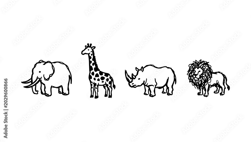 Obraz premium Wild safari and jungle doodle animal collection featuring elephant giraffe rhino and lion icons