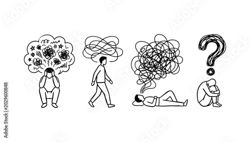 Mental health and stress doodle states of mind including confusion worry exhaustion and questioning