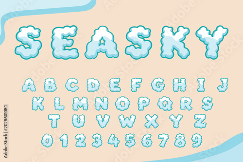 Cute fluffy cloud style alphabet letters and numbers font design