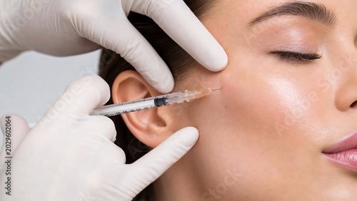 Close-up of a woman receiving facial injections from a medical professional at a clinic.