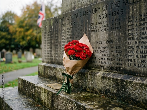 Red carnation bouquet placed at war memorial stone with engraved names for remembrance and tribute poster or banner design