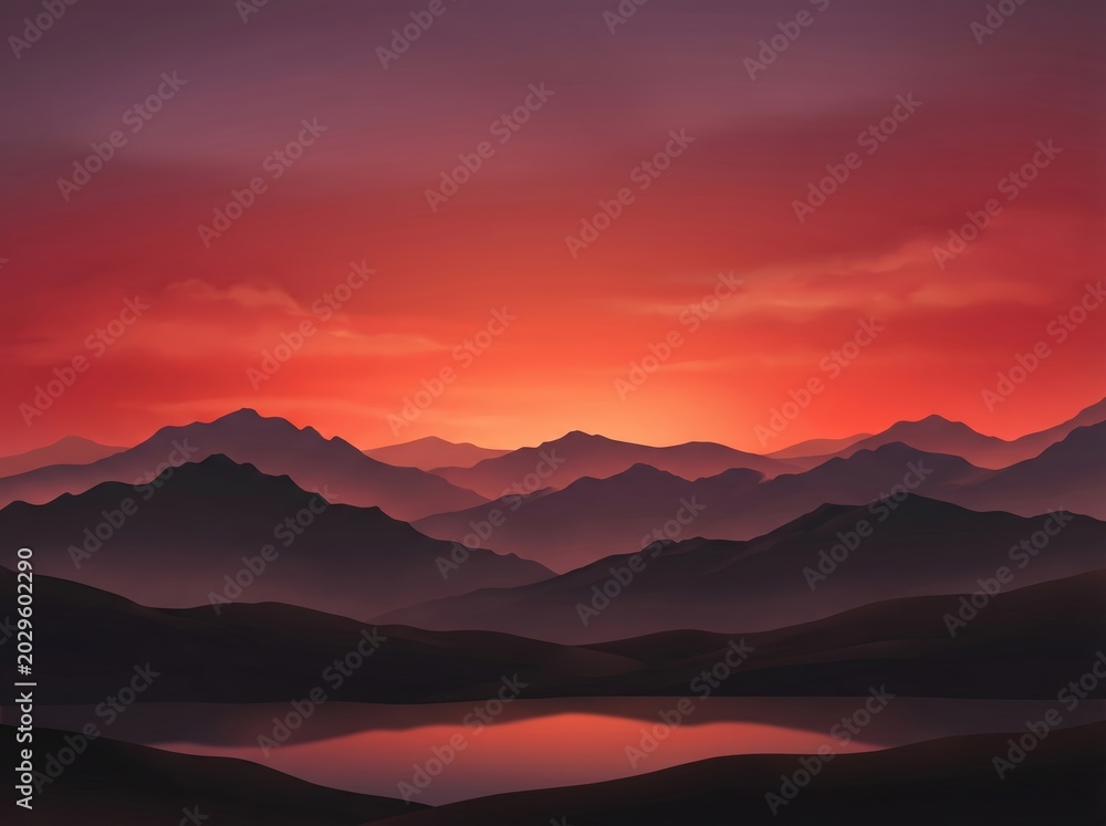 Fototapeta premium Layered mountain horizon at deep red sunset for landscape background and wallpaper design with reflective lake and soft atmospheric gradients and minimalist silhouettes