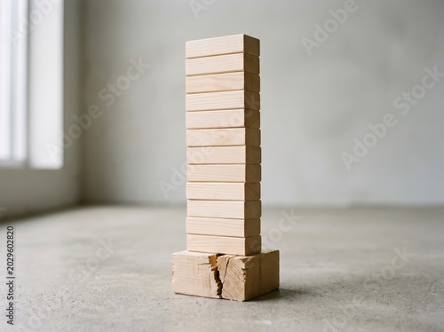 Stacked wooden block tower on cracked base with concrete floor for minimal background and poster design