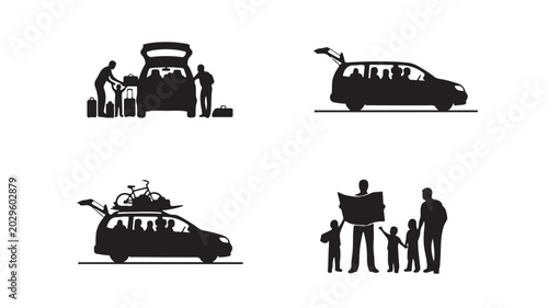 Family road trip silhouettes, black car travel icons set, people packing luggage and looking at map, summer vacation transport vector graphics