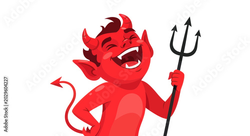 Schilderij op canvas Funny Red Devil Character Laughing with Pitchfork Isolated on White