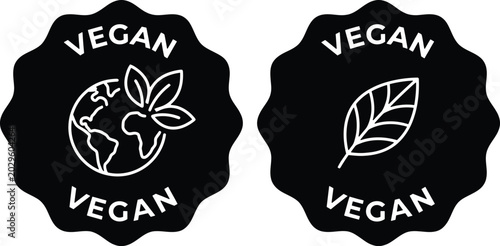 Vegan badges featuring earth and leaf icons for eco friendly product labeling and branding