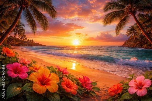 Tropical beach sunset with palm trees ocean waves and vibrant hibiscus flowers glowing in golden light