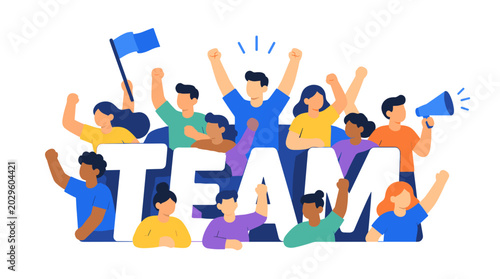 Energetic Teamwork Of Celebrating Group Of People.