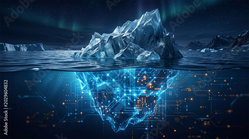 Artificial Intelligence Iceberg Concept with Glowing Circuit Patterns Representing Hidden Data and Complex Systems