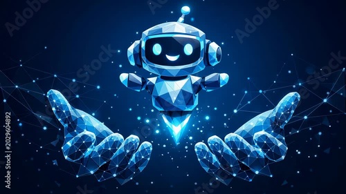 Futuristic artificial intelligence robot hovering above digital hands in glowing virtual network scene