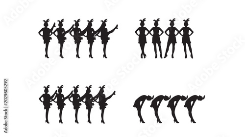 Vintage showgirl silhouettes set, retro cabaret dancer vector icons, burlesque performer group in various poses, 1920s flapper girl stage costumes