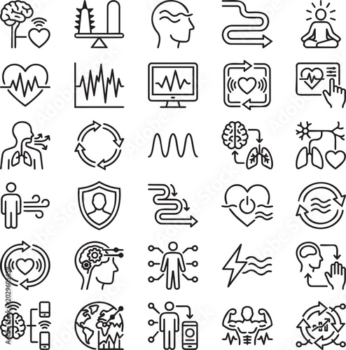 Vagal Tone & HRV Training Line Icons Set – 30 Minimal Black Outline Vector Icons for Heart Rate Variability, Nervous System Balance & Stress Recovery