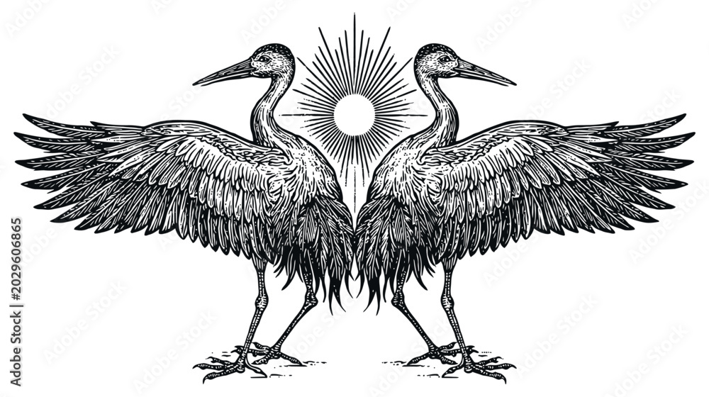 Fototapeta premium Illustration of two cranes facing outward with sunburst behind
