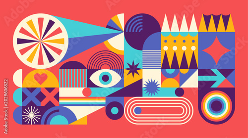 Retro geometric abstract composition with colorful shapes, playful patterns, and bold modern design elements.