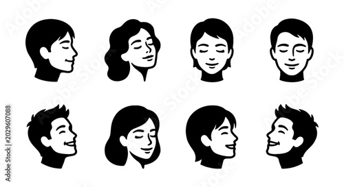 Canvastavla Set of diverse people faces with closed eyes and smiling expressions, peaceful a