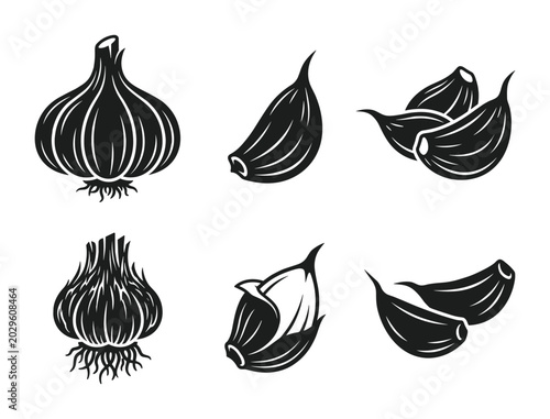 Garlic bulb cloves vector black silhouette food ingredients
