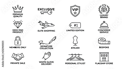 Set of 16 Luxury and Premium Shopping Line Icons: Premium Quality, Exclusive, VIP, Luxury Brand, High-End Product, Elite Shopping, Limited Edition, Concierge, Bespoke, Atelier, and Private Sale.