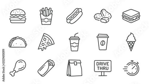 Set of 15 Fast Food Line Icons Including Hamburger, French Fries, Hot Dog, Chicken Nuggets, Sandwich, Taco, Pizza Slice, Soda, Coffee, Ice Cream, Chicken Drumstick, Burrito, Takeout Bag, Drive-Thru.