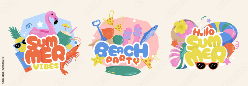 Fototapeta premium Summer beach typography t-shirt design collection with sun and sea, aloha, ocean lover, whale, rainbow and tropical elements vector set.