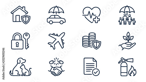Comprehensive Set of 12 Minimalist Insurance and Protction Line Icons FeaturingHome, Car, Health, Life, Tavel, Pet, and Financial Scurity Symbols with Unifor Stroke Width for Web and pp.