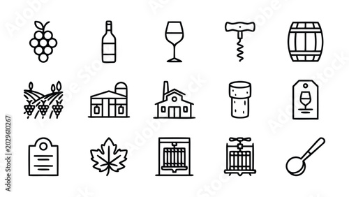 Comprehensive Set of 15 Wine and Winery Line Icons Feturing Grapes, Bottle, Glas, Corkscrew, Barrel, Vineard, Cellar, Cork, Label, enu, Leaf, and Wine Press n a Minimalist Vector Styl.