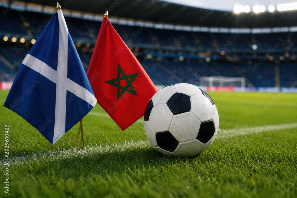 Naklejka premium Flags of scotland and morocco with a soccer ball on a stadium pitch