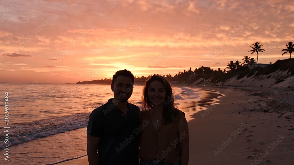 Fototapeta premium Couple enjoying sunset walk along beach shoreline.