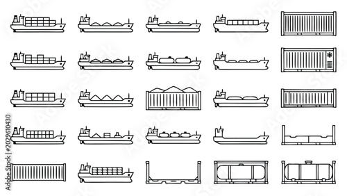 Vector Set of Freight Ship and Shipping Container Line Icons in Minimalistic Style; Collection of Maritime Logistics, Cargo Vessels, and Industrial Transport Symbols for Global Trade Graphics.